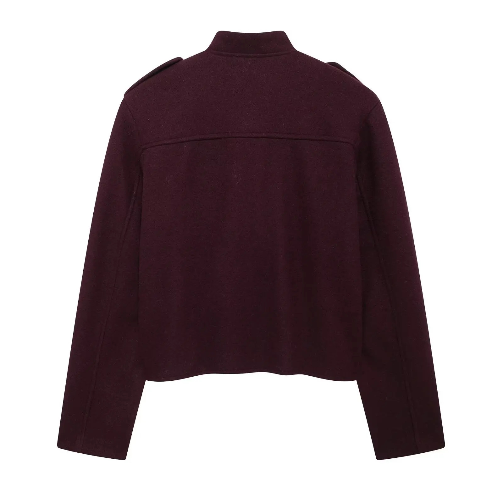 Women Vintage Soft Tweed Jacket Gold Color Button Half Collar Jacket Autumn Fall Fashion Deep Burgundy Jacket 241220