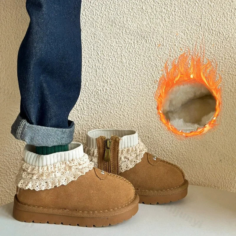 Winter Children Fur Suede Snow Boots Girls 2025 Fashion French Lace Edge Princess Boots Baby Warm Soft Flat Cotton Shoes 241219