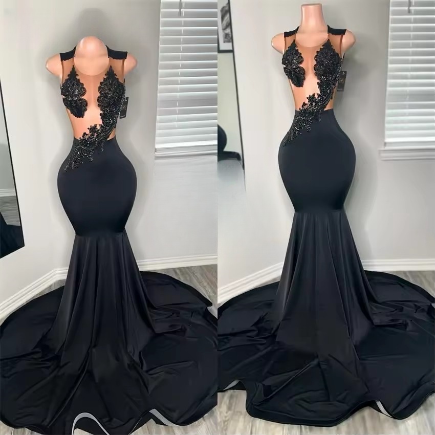 Elegant Black Mermaid Prom Dress With O-Neck Beads & Crystals - Evening Gown For Birthday, Wedding, Or Special Ocns