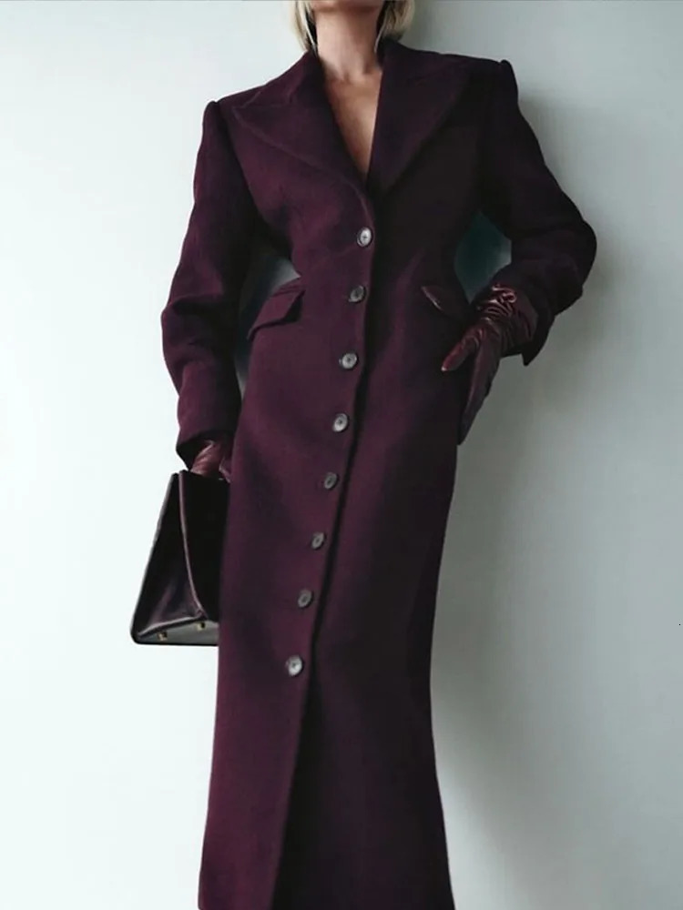 Chic Grey Single Breasted Full Sleeve Wool Jackets Womens Casual Slim Fit Lapel Pockets Coat Female High Street Outerwears 241216