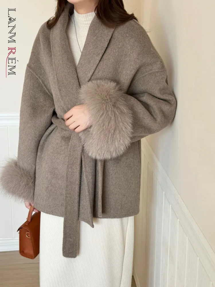 LANMREM Double Sided Wool Coat For Women Fox Fur Stitching Sleeves Lapel Solid Color Belt Coats Woolen Clothing Winter 2DA2598 241217