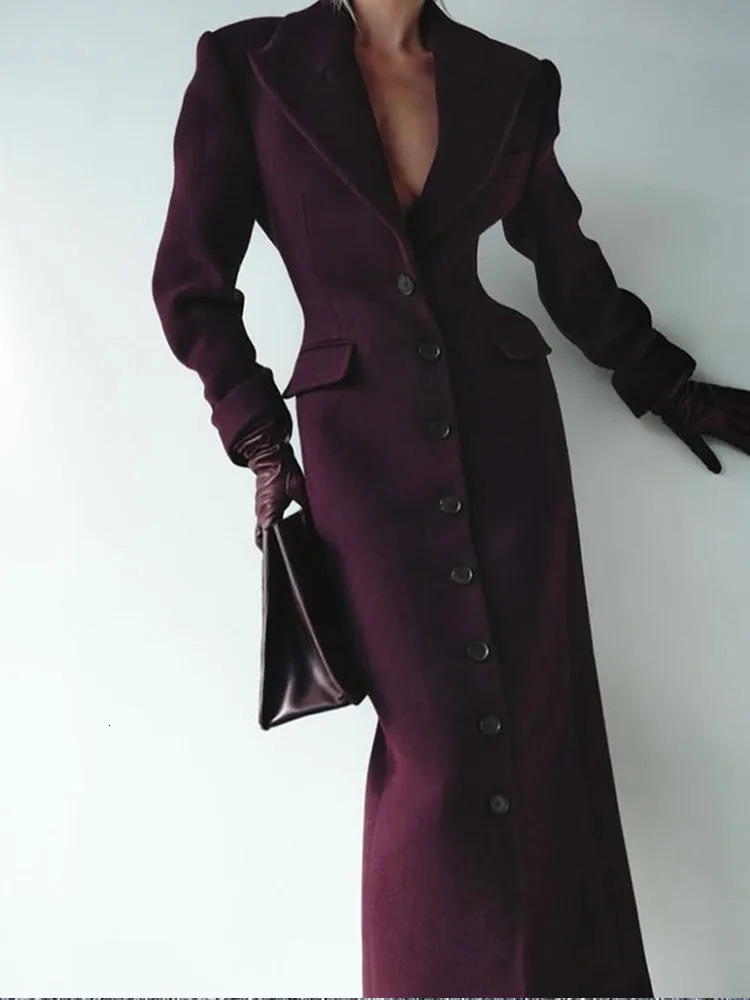 Chic Grey Single Breasted Full Sleeve Wool Jackets Womens Casual Slim Fit Lapel Pockets Coat Female High Street Outerwears 241216