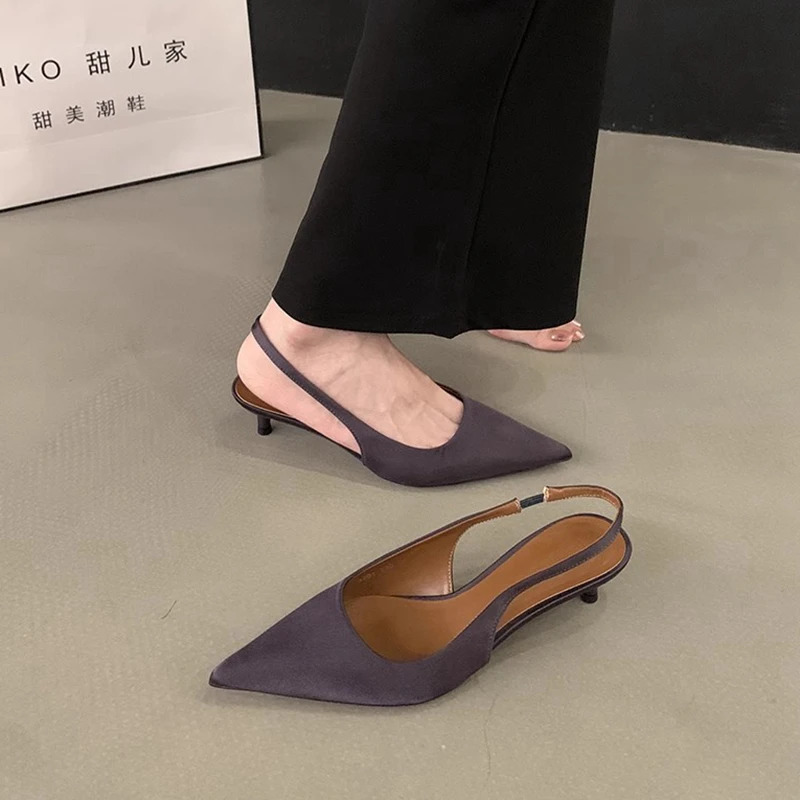 SUOJIALUN 2024 Autumn Women Sandal Shoes Fashion Pointed Toe Shallow Slip On Slingback Shoes Thin Low Heel Pumps 241216