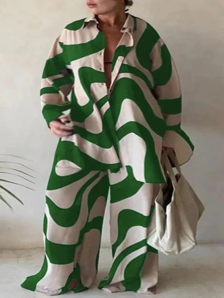 Beautyblue Plus Size Tops Pants Two Pieces Set Casual Loose Printed Lapel Wide Leg Wave Line Clothing Female Suit L4XL