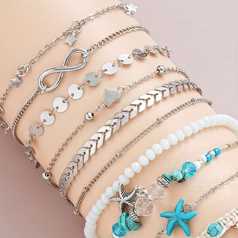 LALAVARA 12pcs Bohemian Starfish Shell Star Love 8-character Rice Bead Ankle Chain Set for Women's Daily Matching, Dating, Vacation, Party, Anniv