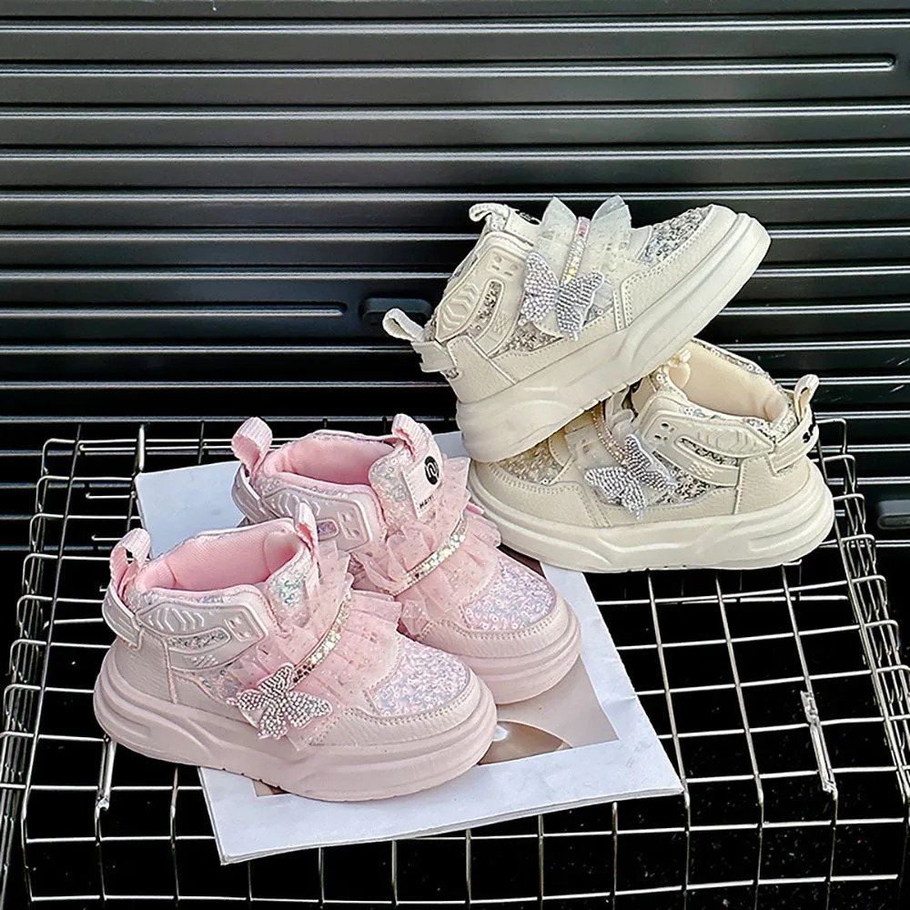 Korean Style Princess Shoes For Girls Rhinestone Sequins Bling Childrens Sport Shoes Soft-soled Sneakers For Kids Fashion Shoes 241219