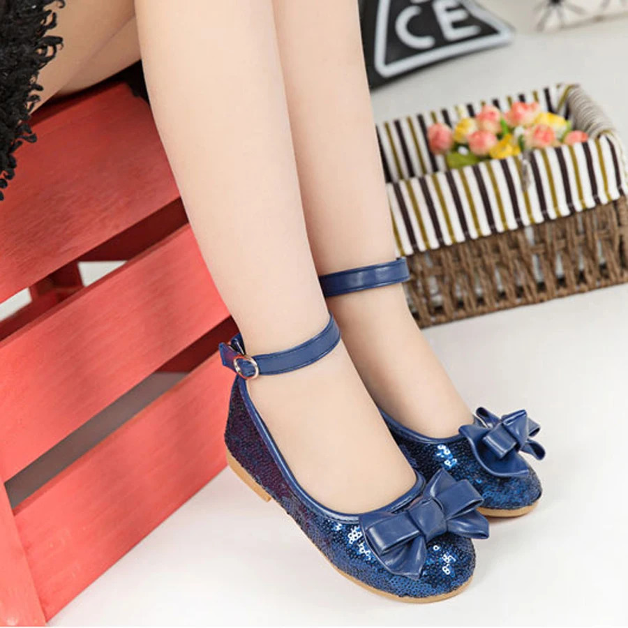 IYEAL Baby Girls Shoes For Children Princess Butterfly Sequins Flower Girl Glitter Formal Leather Kids Shoes Red/Navy Blue 241219