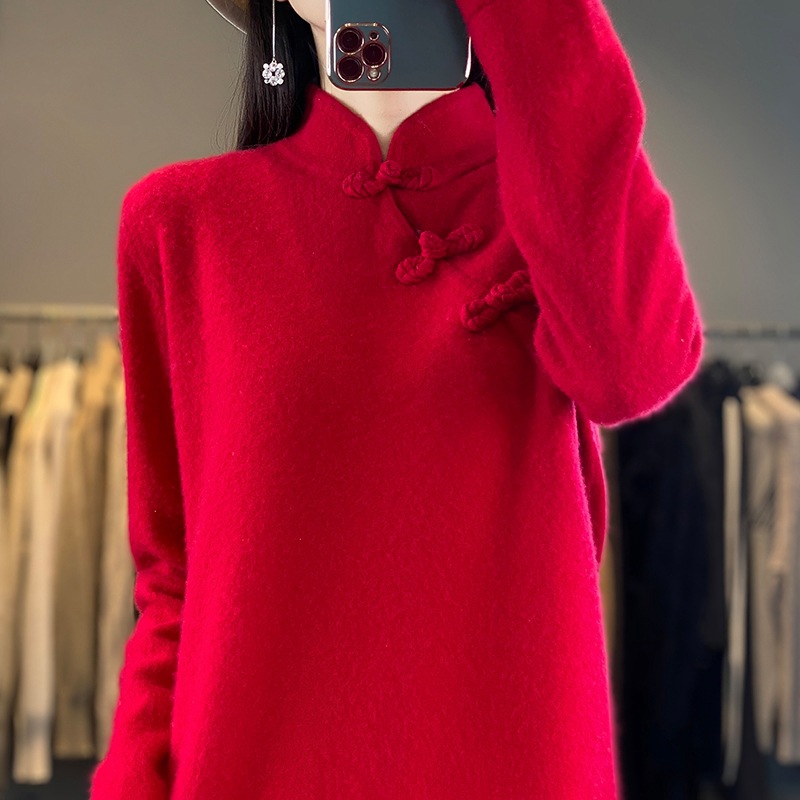 (327) New Style Stand-up Collar Pure Wool Knitted Dress Autumn and Winter Solid Color Medium-length Skirt