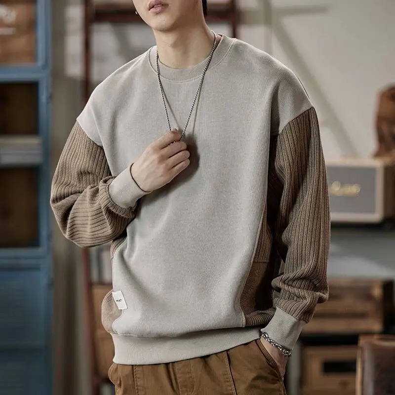 Mens Clothing Trendy Appliques Patchwork Simple Casual Sweatshirt Y2K Streetwear Round Neck Long Sleeve Loose Pullover Hoodies 241217