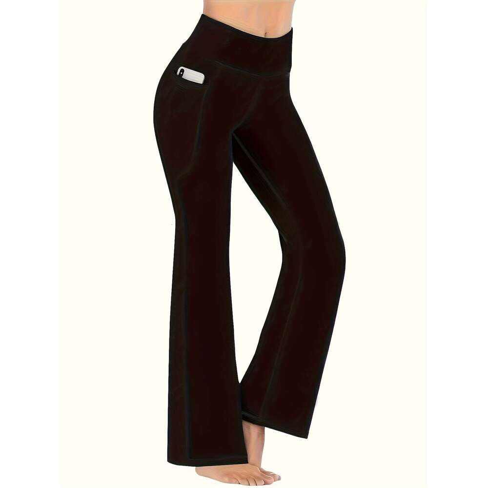 Women's 3-Pack Waist Polyester Blend Flare Yoga Pants - Elegant Solid Color, Knit Fabric with High Stretch, Long Pocket Detail, All-Season Perfor