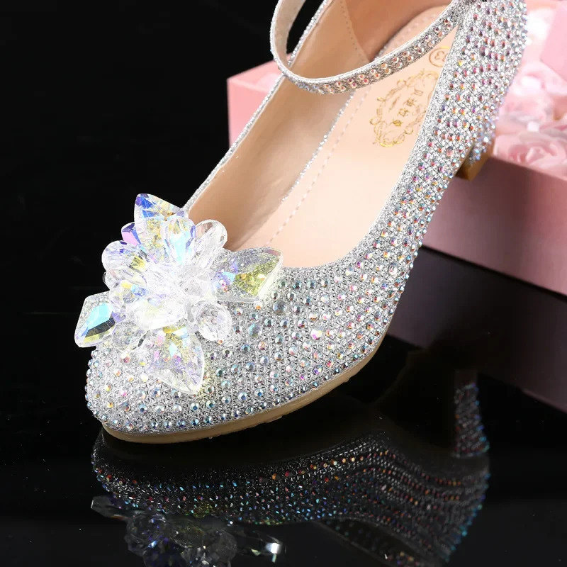 Princess Girls Party Shoes Children Sandals Sequins High Heels Shoes Diamonds Girls Sandals Peep Toe Crystal Kids Dress Shoes 241219