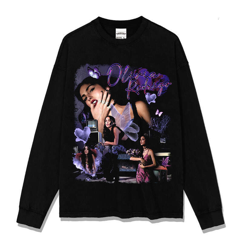 Hip hop Olivia Rodrigo printed short sleeved T-shirt, loose washed round neck hooded sweatshirt