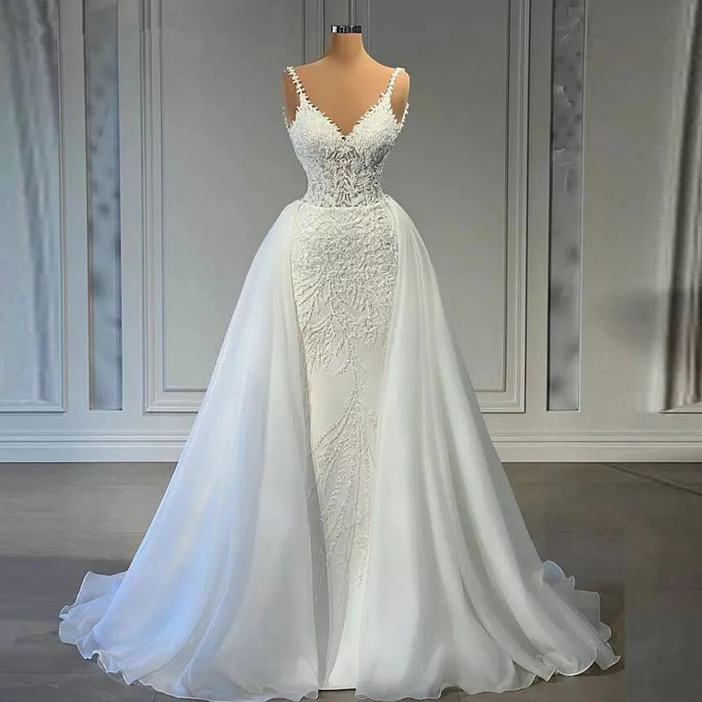 Luxury V Neck Mermaid Lace Wedding Dresses Sleeveless Pearls Beaded Satin Bridal Gowns with Detachable Train Customized Vestido De Novia