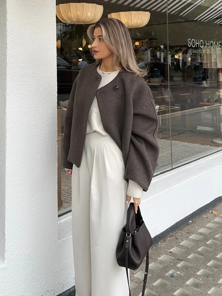 Fashion Women Solid Round Neck Woolen Short Coat Elegant Full Sleeve One Button Loose Womens Jacket Fall Winter Daily Wear 241220