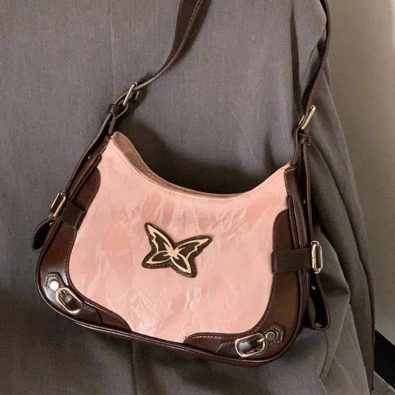 Butterfly Pu Leather Shoulder Bag American Retro Handbag Armpit Storage Tote Womens Bags Purse 241219