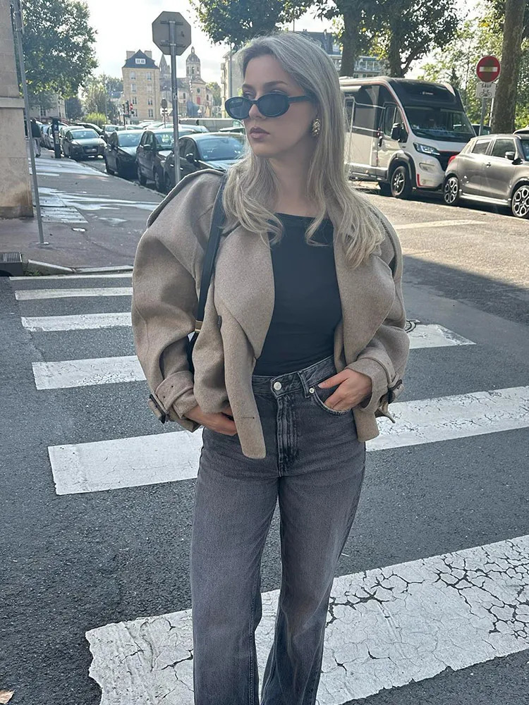 Fashion Grey Lapel Woolen Cropped Jacket For Women Chic Double Breasted Long Sleeves Short Coat Fall Lady Street Outerwear 241220