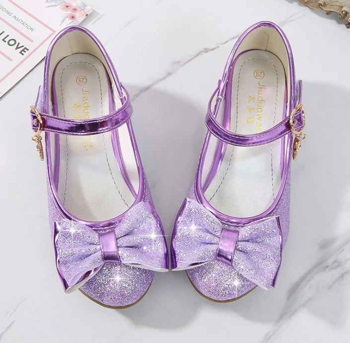 Girls Princess Shoes Butterfly Knot High-Heel Shiny Crystal Shoes Kids Leather Shoes Childrens Single Shoes Birthday Present 241219