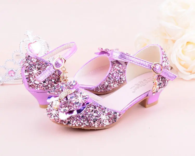 Girls Bow-knot Rhinestone high-heeled Sandals Princess Performance Dancing Summer PU Leather shoes purple pink Silver 241219
