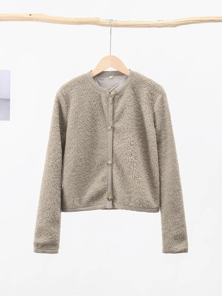 Lamb Wool Short Coats Women Autumn Fashion Single Breasted Long Sleeve Solid Jacket Elegant Lady O-neck Commuting Coat 241220