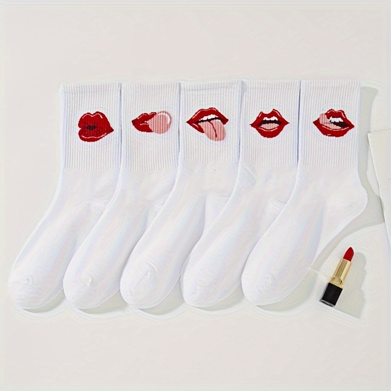 5 pairs of white Korean ins tide red lips college style sports women mid-calf socks couple models