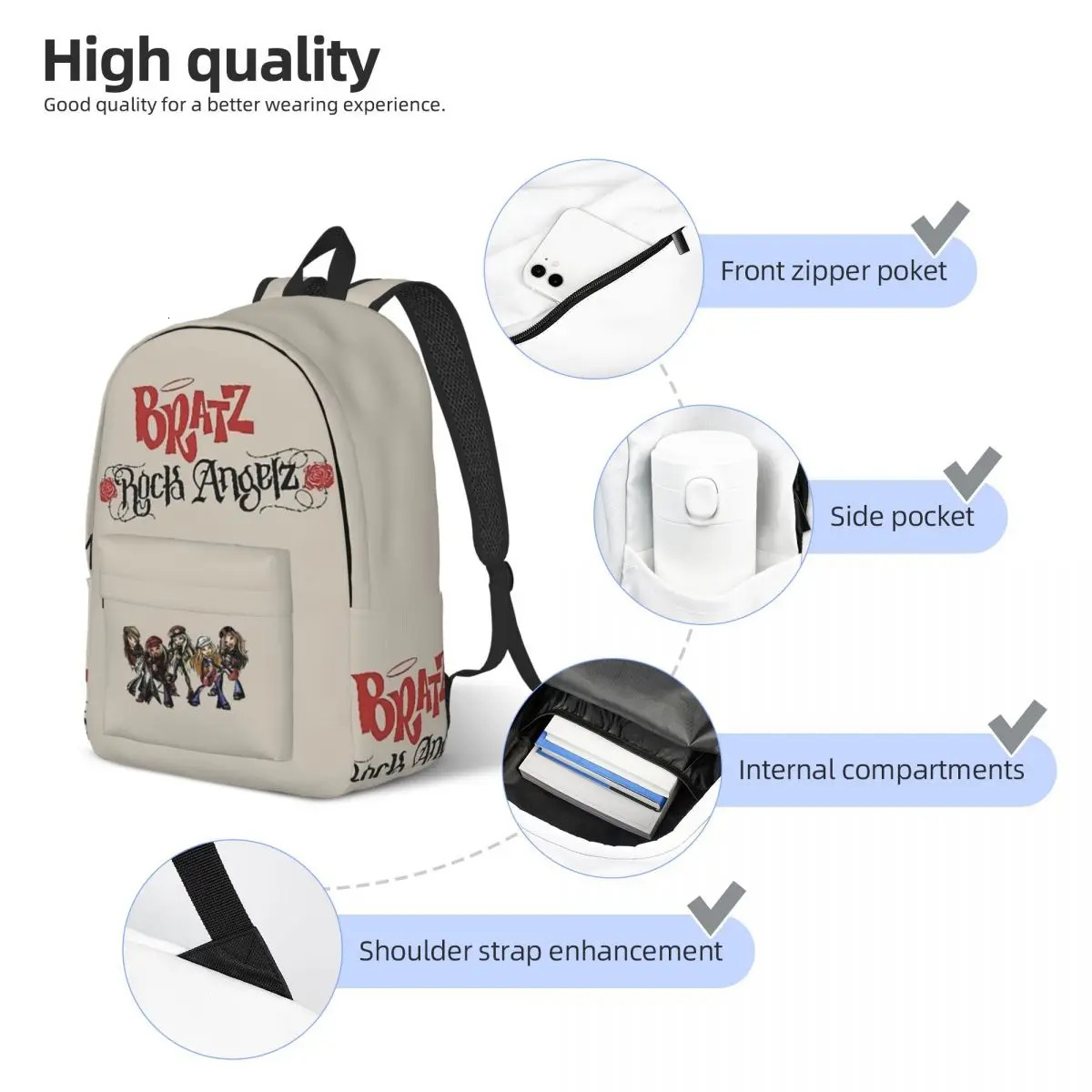 Bratz 2024 Rock Angelz Group Backpack High College School Student Bookbag Shoulder Bag Fit Teens Daypack For Outdoor Travel