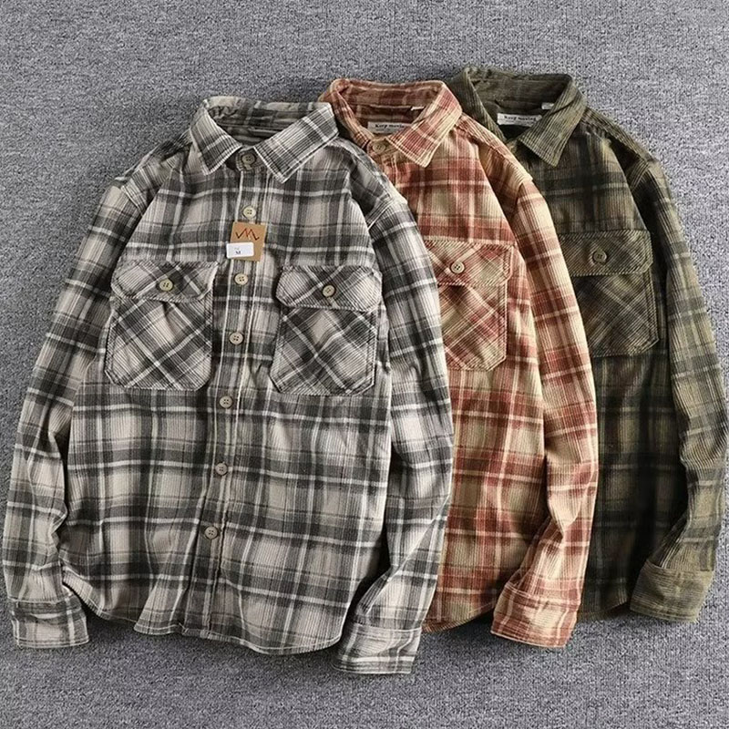 Cross-border American clicker retro spring and fall men's classic plaid long-sleeved shirt washed corduroy comfortable literary tide m045