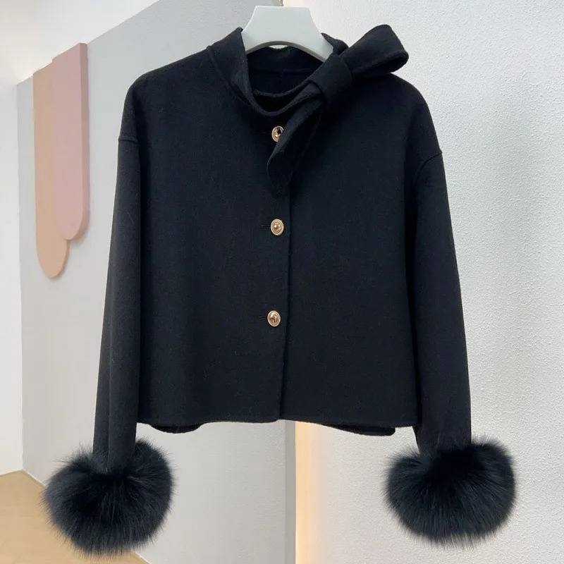 Wool Coat Ladies Winter Real Natural Fox Fur Cuff Outwear Female Cashmere Woolen Women y Jacket 241216