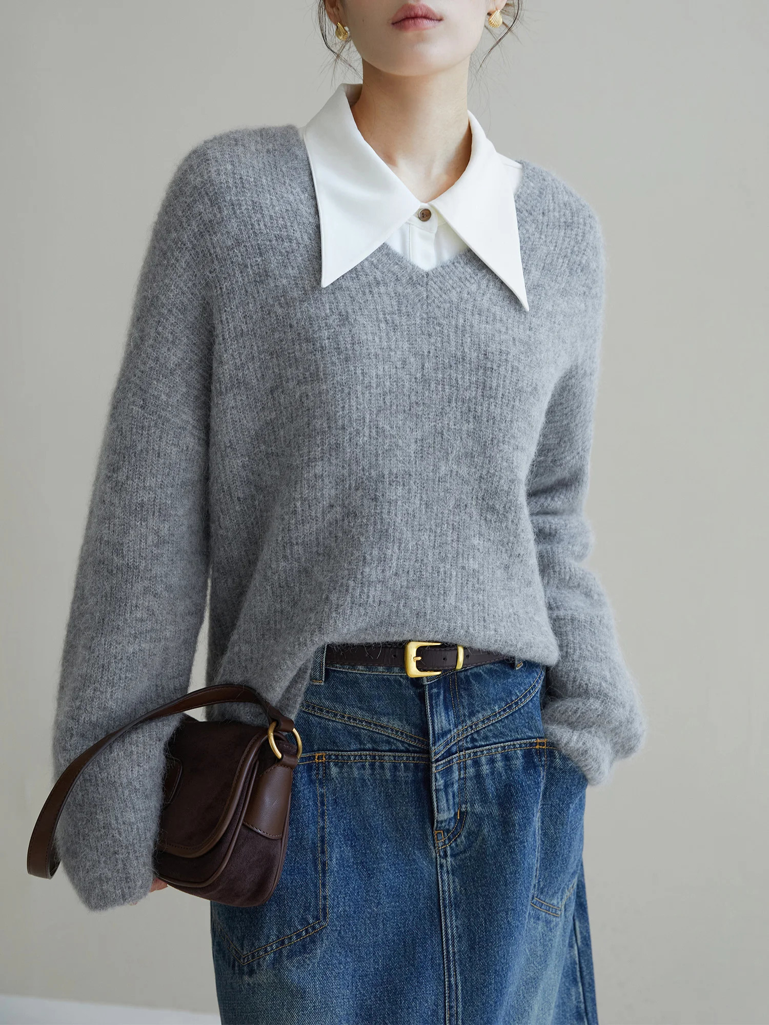 DUSHU 30.7% Wool 35% Alpaca Women Blue Pullover Sweaters V-Neck Grey Casual Winter Warm Sweater Loose Simple Tops 23DS84278 241217