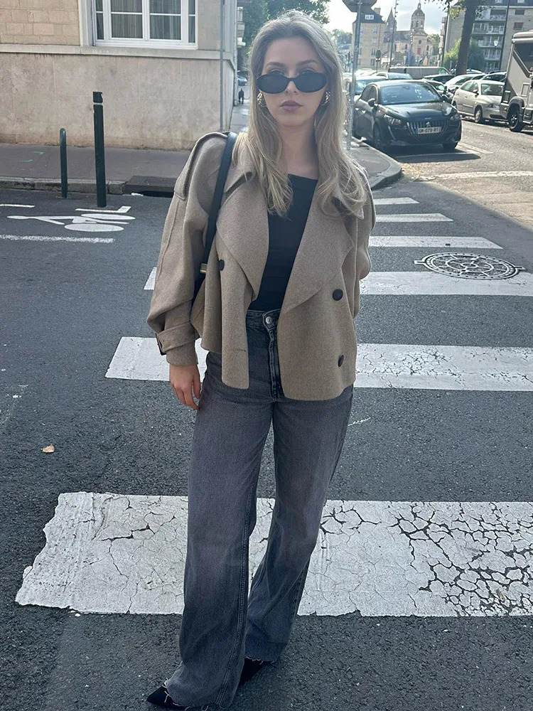 Fashion Grey Lapel Woolen Cropped Jacket For Women Chic Double Breasted Long Sleeves Short Coat Fall Lady Street Outerwear 241220