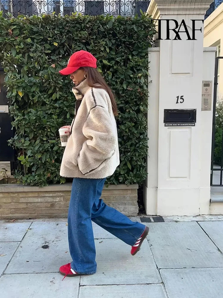 TRAF Womens Fashion Autumn and Winter Warm Teddy Bear Coat Patchwork O-neck Lamb Wool Coat Vintage Cowl Button Fleece Top 241220