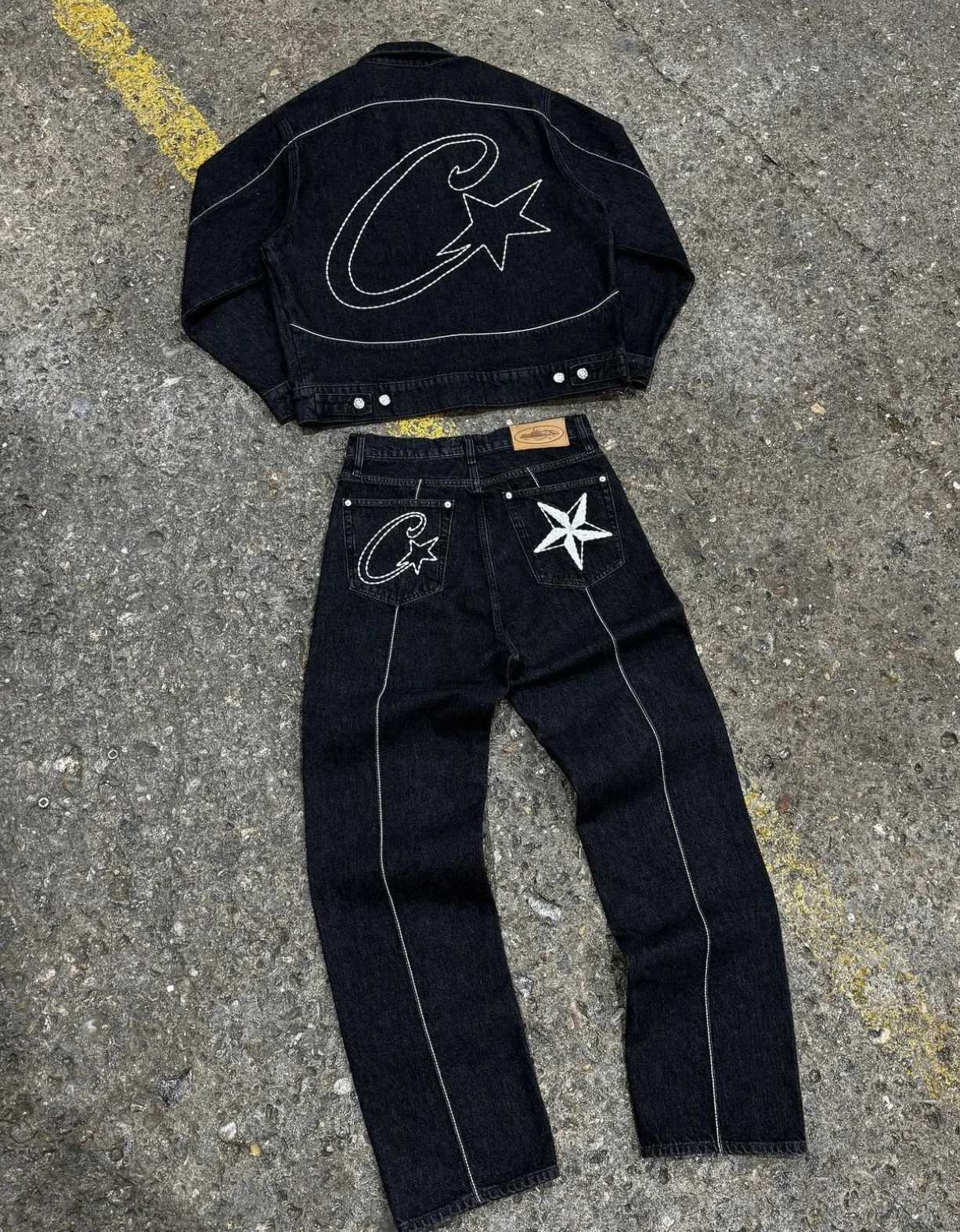 American High Strt retro Distressed jeans with star embroidery casual cut pants mens polo shirt Camisas De Homb Y241219
