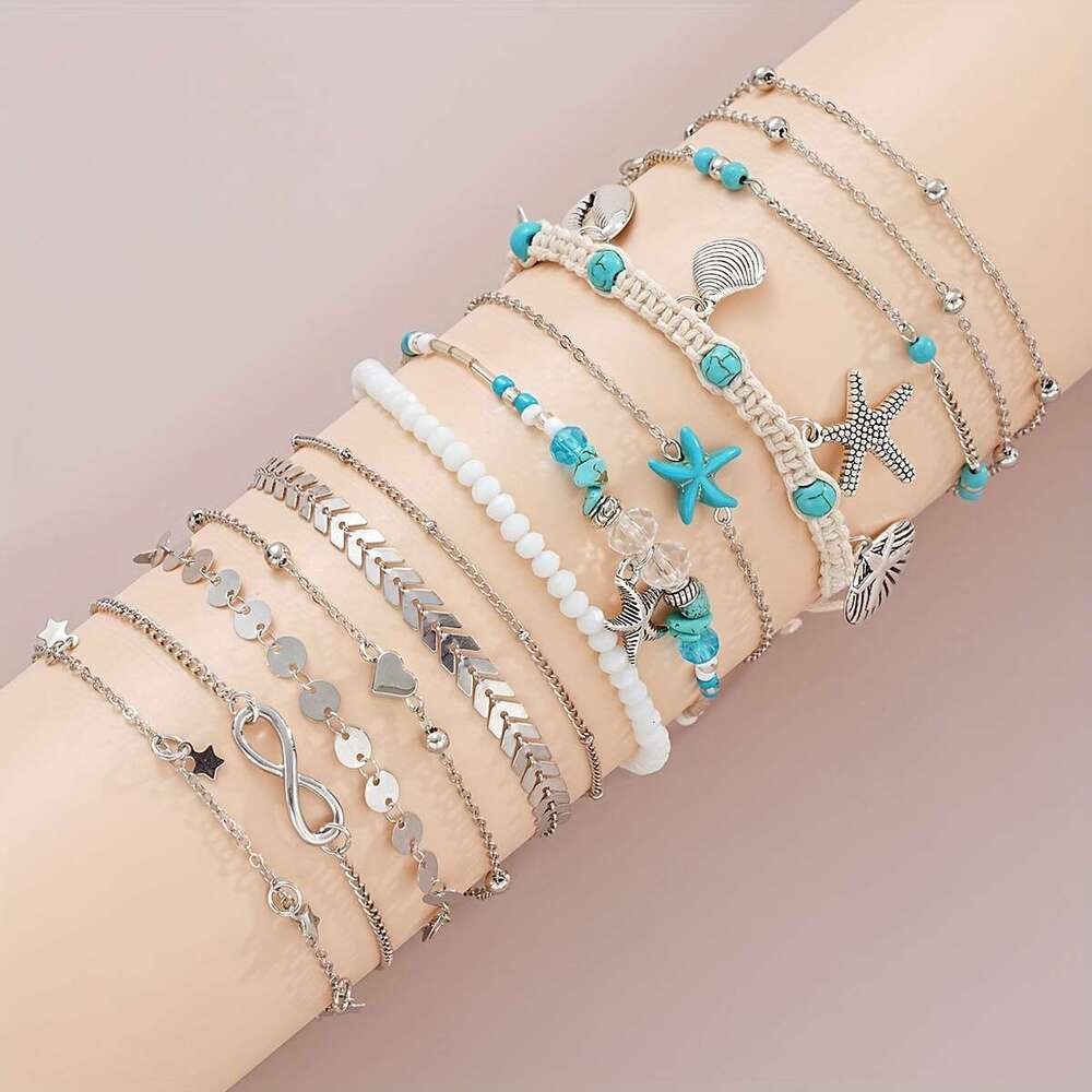 LALAVARA 12pcs Bohemian Starfish Shell Star Love 8-character Rice Bead Ankle Chain Set for Women's Daily Matching, Dating, Vacation, Party, Anniv