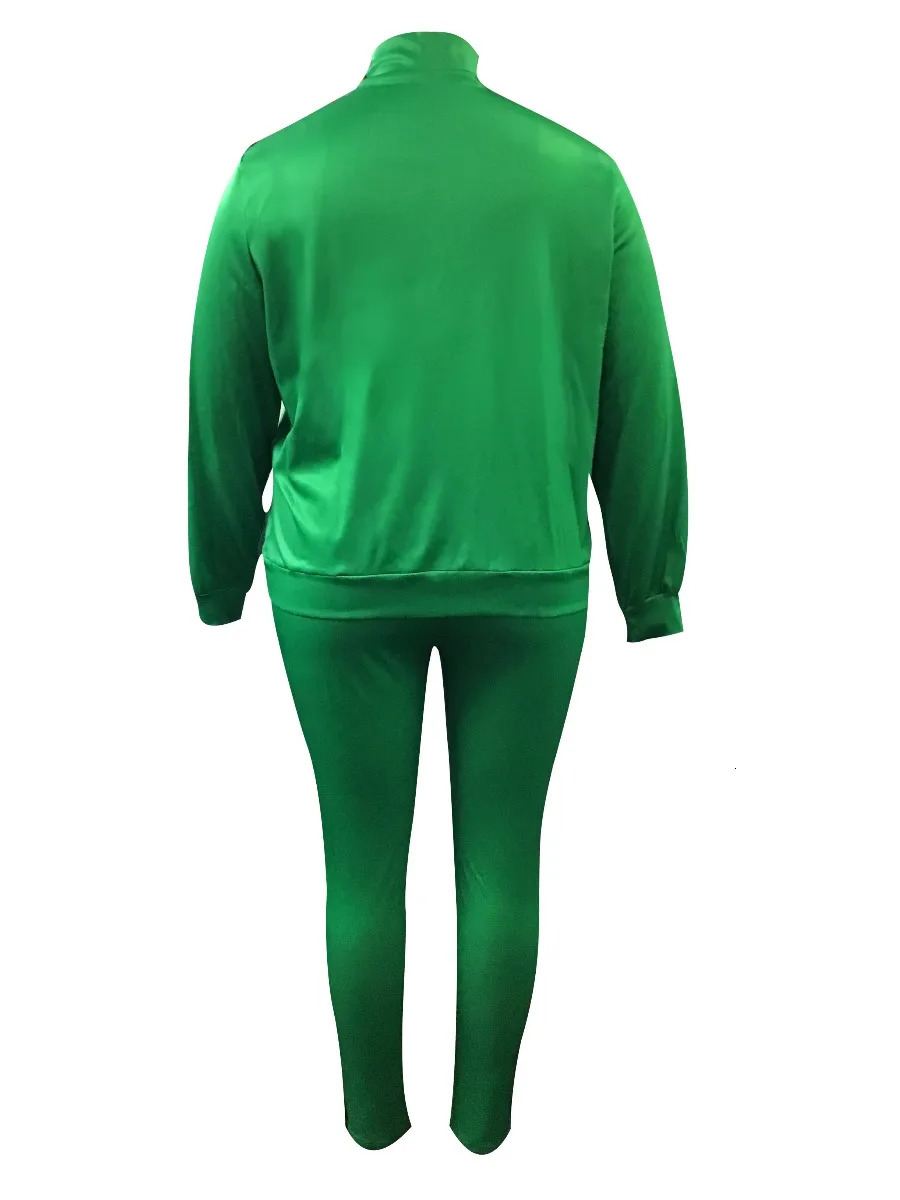 LW Plus Size Striped Regular Fit Tracksuit Set Green 2pcs Sportwears Zipper Up Mandarin Collar Top Casual Trousers 241219