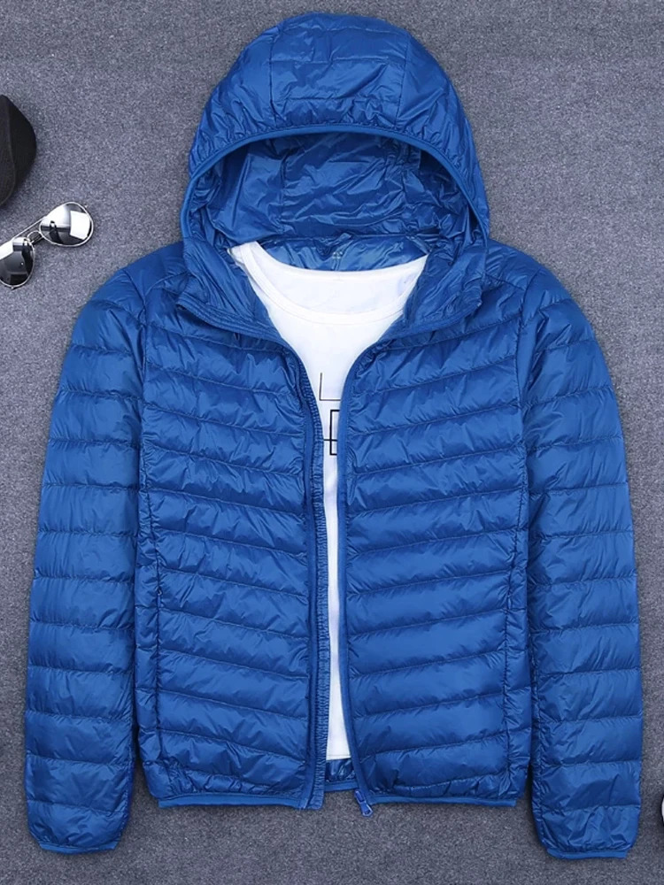 Mens Winter Coat Duck Down Jackets Ultra Light Thin Hooded Down Coat Portable Windproof Puffer Parkas Male Overcoat 6XL 241220