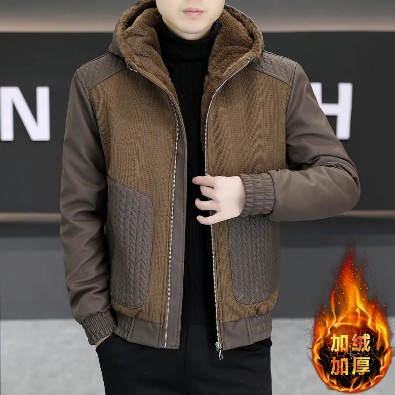 Winter Hooded Knitted Leather Jacket Men Thick Velvet Trendy Casual Leather Jacket Streetwear Social Coats Men Clothing 241216