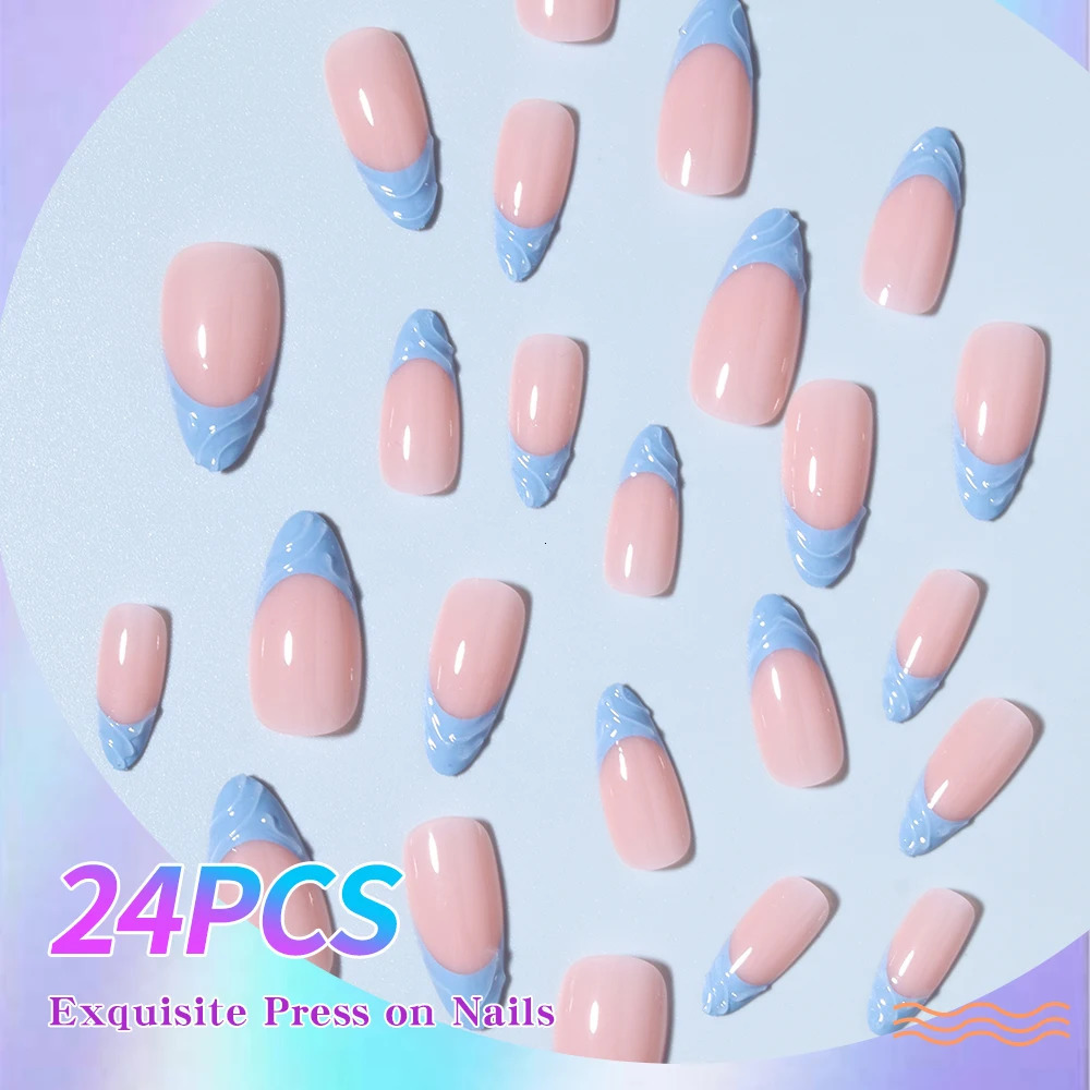 Luxury 24Pcs Short And Medium False Nails Almond Simple Water Ripples Bright Surface False Nails Acrylic Pressure Nail Reusable H260130