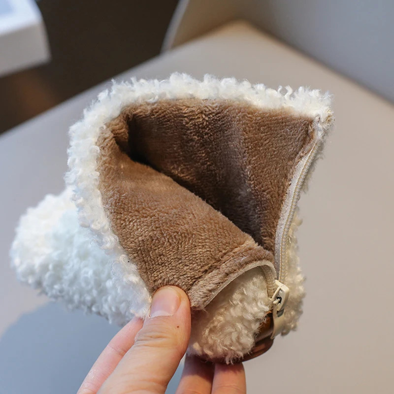 Cute Animal Patchwork Lambswool Boots For Kids Winter Thick Curly Fur Warm Booties Boys Girls Outdoor Round Toe Cotton Shoes 241219