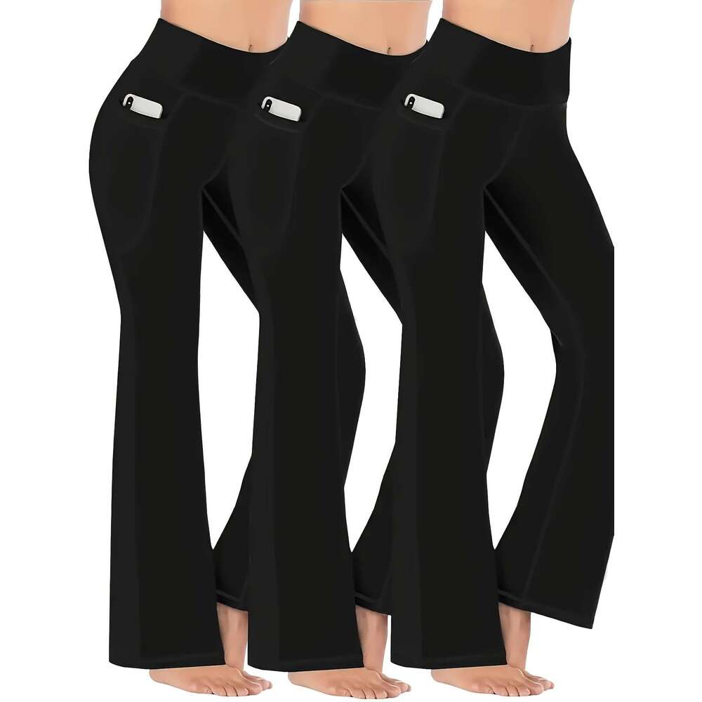 Women's 3-Pack Waist Polyester Blend Flare Yoga Pants - Elegant Solid Color, Knit Fabric with High Stretch, Long Pocket Detail, All-Season Perfor