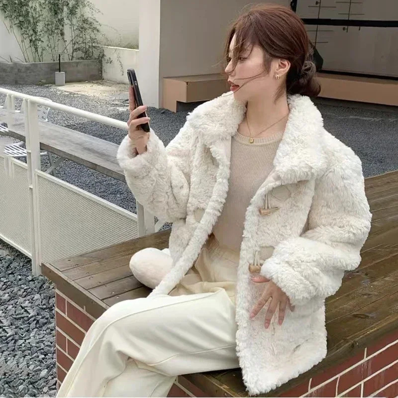 White Faux Lamb Wool Warm Coats Women Fall Korean Stand Collar Horn Button Jackets Y2K Winter Thick Long Sleeve Plush Outerwear 241216 - view 3