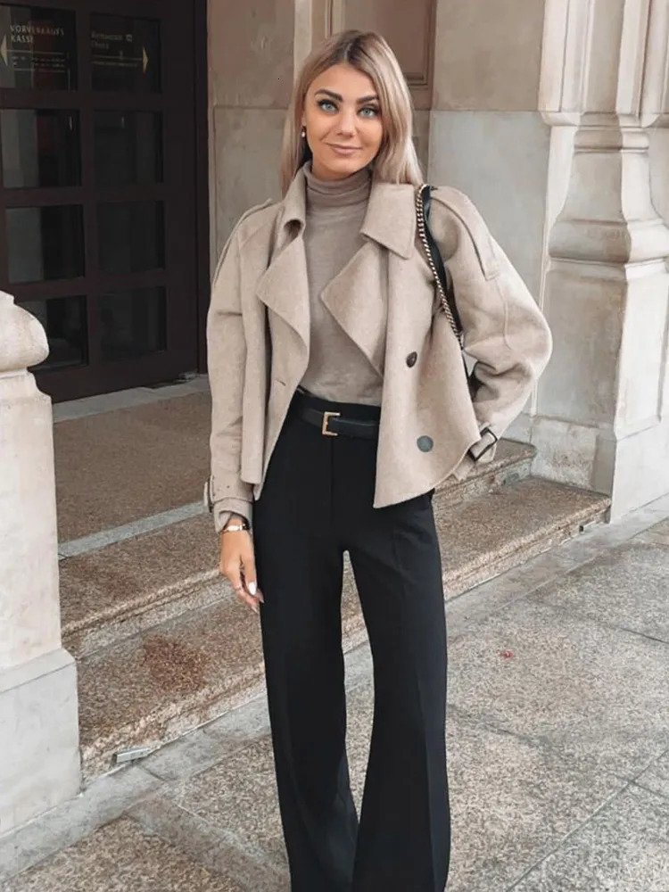 Fashion Grey Lapel Woolen Cropped Jacket For Women Chic Double Breasted Long Sleeves Short Coat Fall Lady Street Outerwear 241220