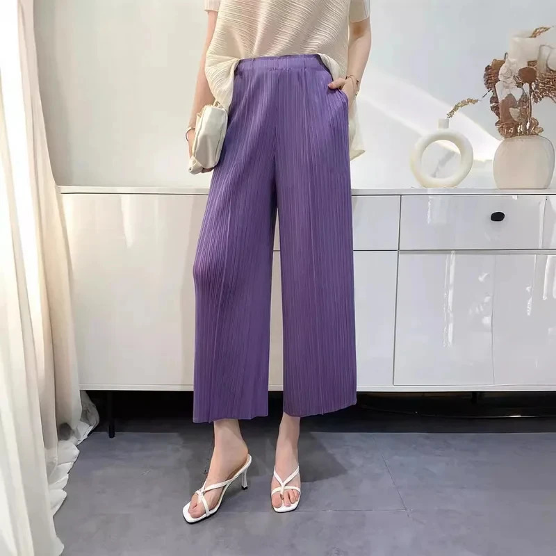 MIYAKE Highgrade Pleated Pants Women Summer Drape High Waist Ninepoint Straight Tube Comfortable Casual Versatile Cigarette 241218