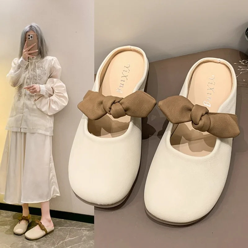Fashion Bowknot Pearl Flat Bottom Baotou Half Slippers Women 2024 Summer Shallow Mouth Mary Jane Single Shoes Casual Slides 241220