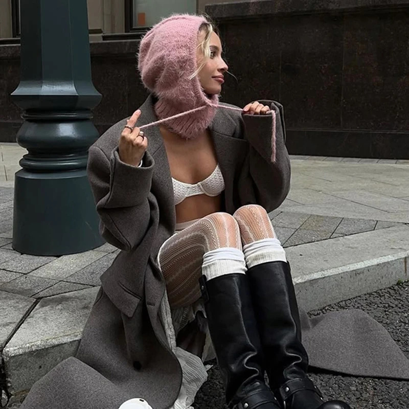 2024 Winter Womens Balaclava Hat Warm Neck Integrated Drawstring Pullover Cap Unisex Knitted Hoodie Outdoor Warmth Children Hat 241220