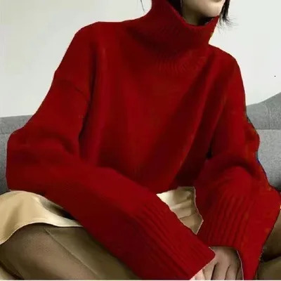 Womens Turtleneck Sweater Oversize Winter Vintage Knitted Red Sweater Pullover Women Soft Gray Warm Sweater For Women 241217