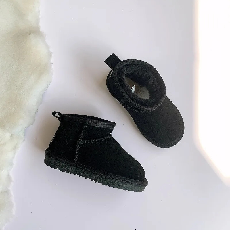 Suede Leather Kids Snow Boots Parent-child Woman Ankle Boots Winter Warm Lamb WoolGirls Shoes Genuine Leather Childrens Shoes 241219