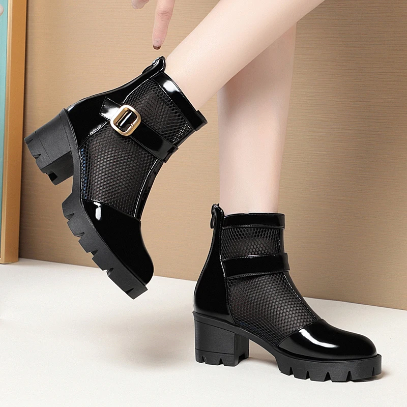 AIYUQI Women Summer Boots Mesh Genuine Leather Platform Women's Mesh Boots Large Size British Style Women Cool Boots