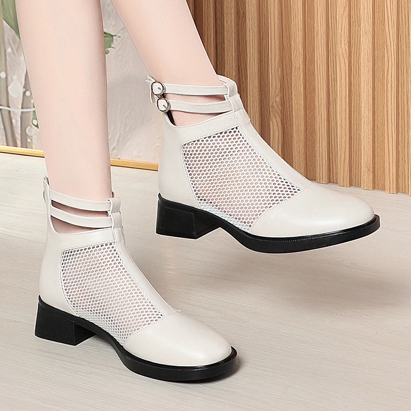 AIYUQI Mesh Sandals Women Summer Mid-Heel Cutout Mesh Boots Women Genuine Leather Large Size Fashion Women's Boots