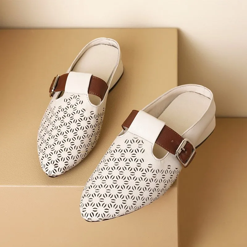 AIYUQI Women Summer Slippers Genuine Leather Semi-Wrap Hollow Slippers Women Fashion Wear Casual Slippers Women