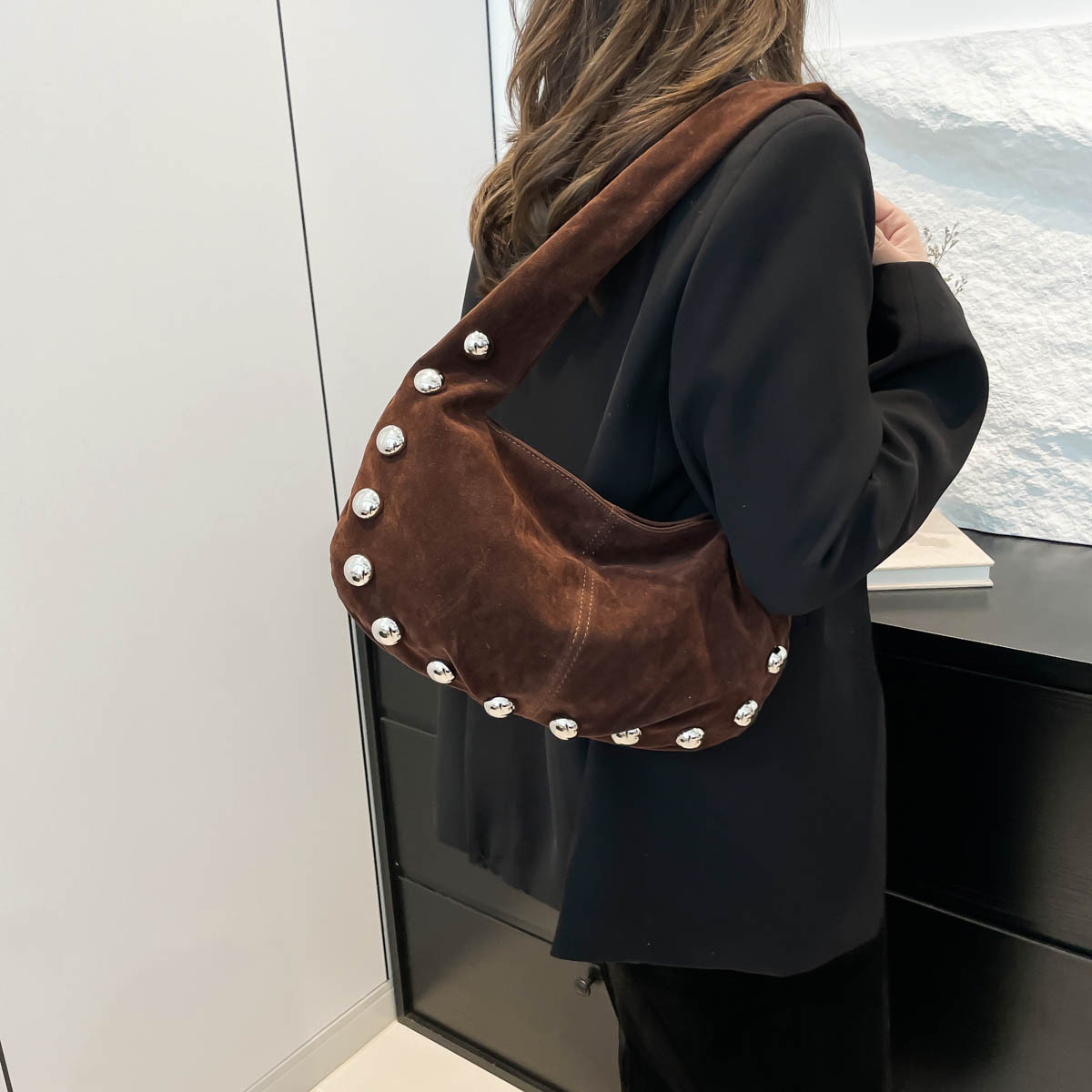 Shoulder Handbag for Women Fashion Shoulder Bag Small Underarm Purse Mini Clutch Design Shoulder Underarm Willow Nail Handbag Suede Fashionable Women 