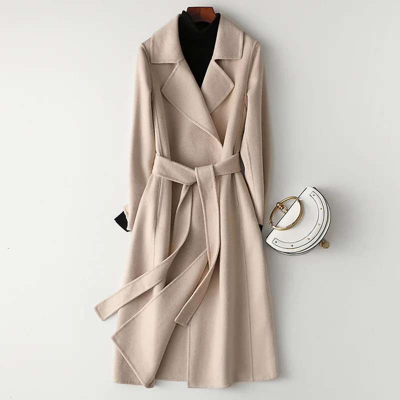 Women Autumn 100% Wool Coats Double Face Woolen Long With Belt Elegant Cashemere Coat Veste Femme Tops 241217
